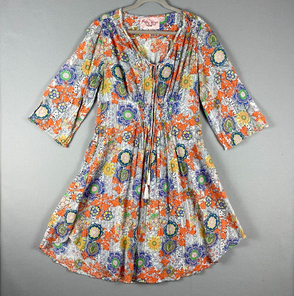 Ruby Yaya Dress Womens XL Floral Tassel Smocked Gypsy Boho Peasant Resort